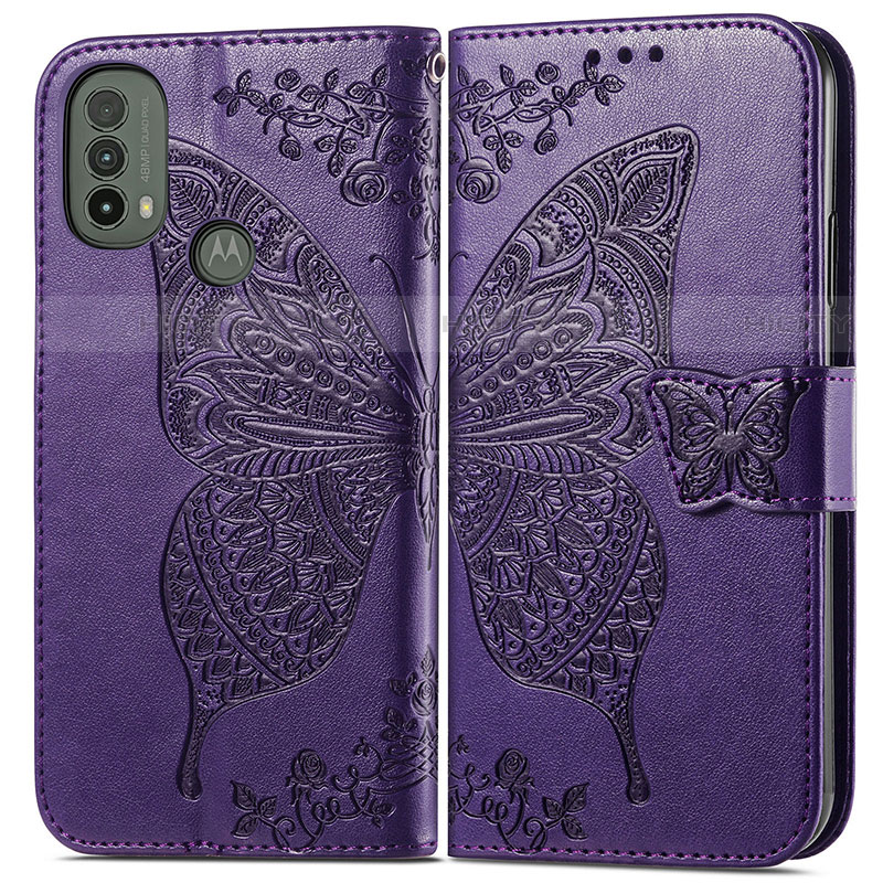 Coque Portefeuille Papillon Livre Cuir Etui Clapet pour Motorola Moto E30 Violet Plus