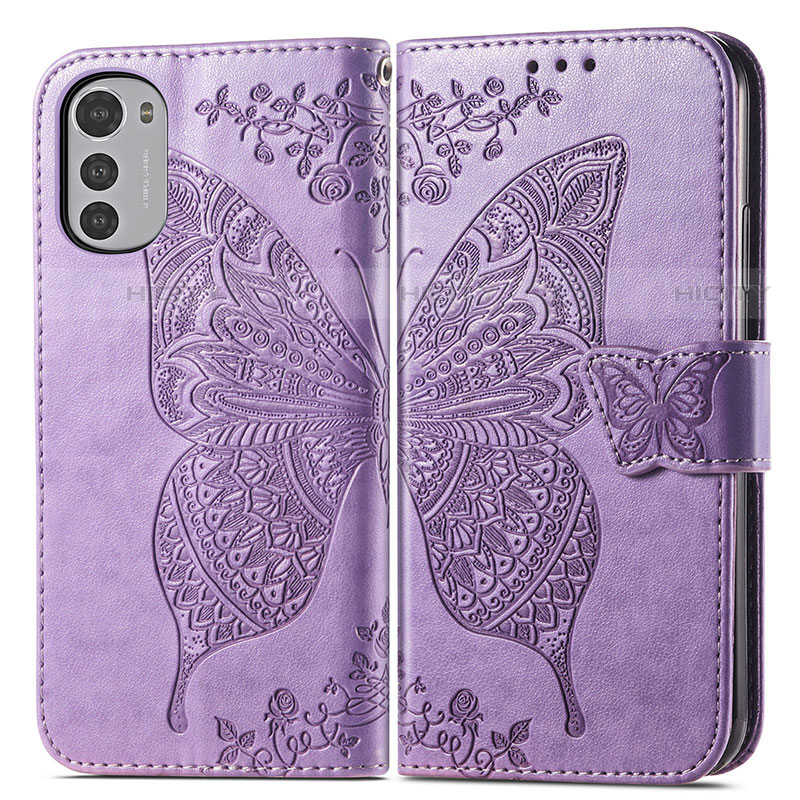 Coque Portefeuille Papillon Livre Cuir Etui Clapet pour Motorola Moto E32s Violet Clair Plus