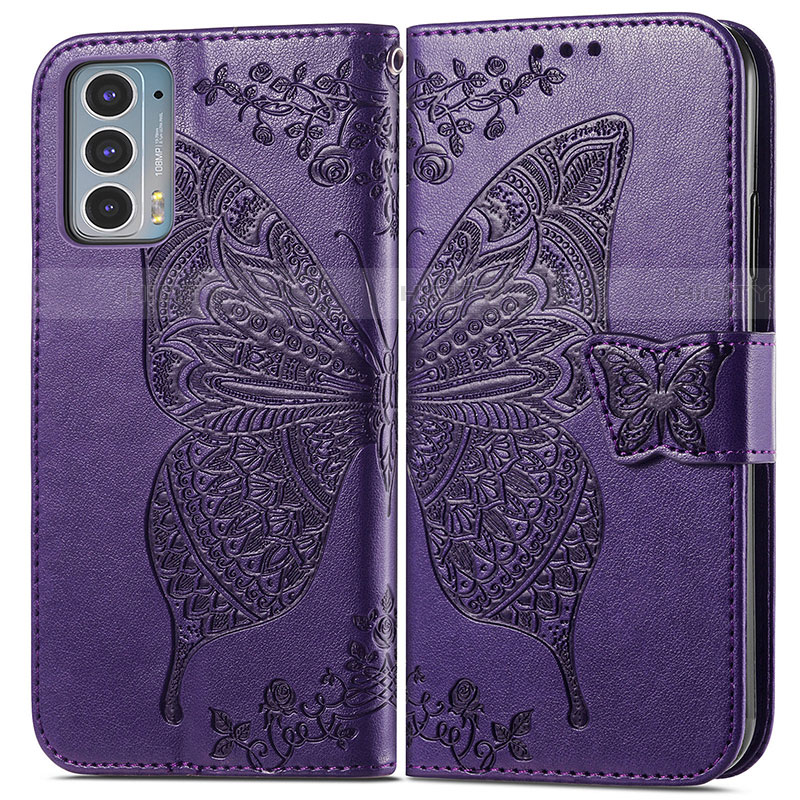 Coque Portefeuille Papillon Livre Cuir Etui Clapet pour Motorola Moto Edge 20 5G Violet Plus