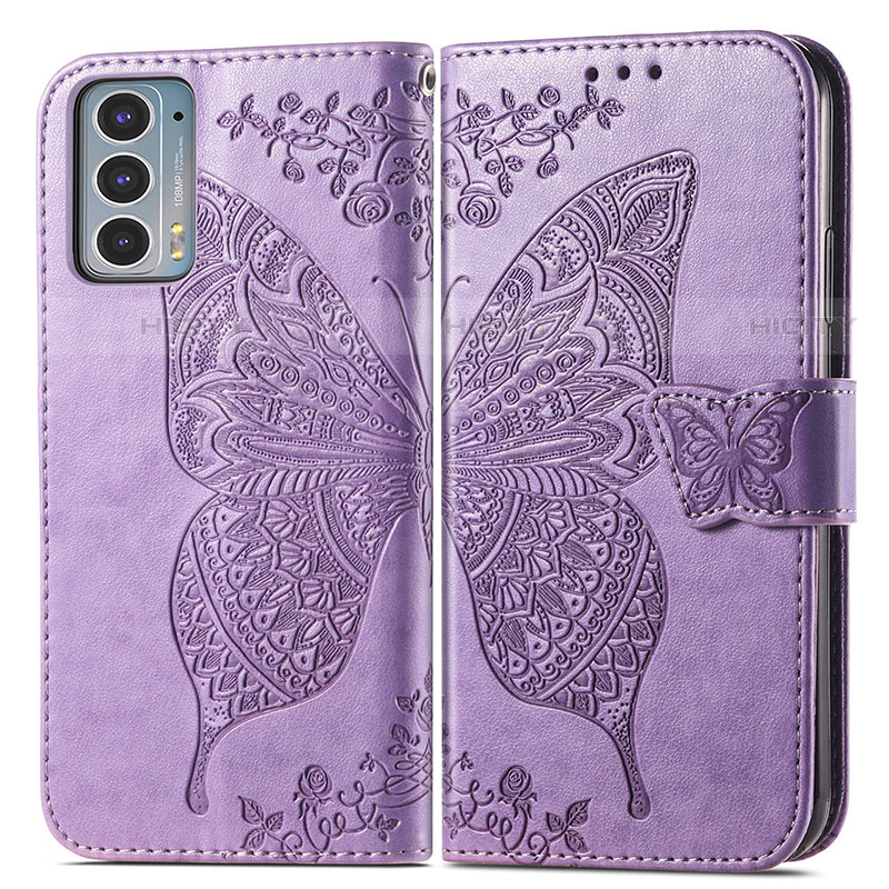 Coque Portefeuille Papillon Livre Cuir Etui Clapet pour Motorola Moto Edge 20 5G Violet Clair Plus