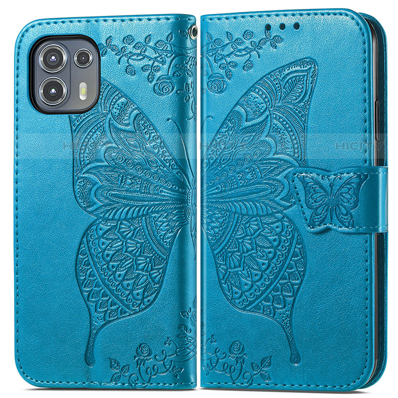 Coque Portefeuille Papillon Livre Cuir Etui Clapet pour Motorola Moto Edge 20 Lite 5G Bleu Plus