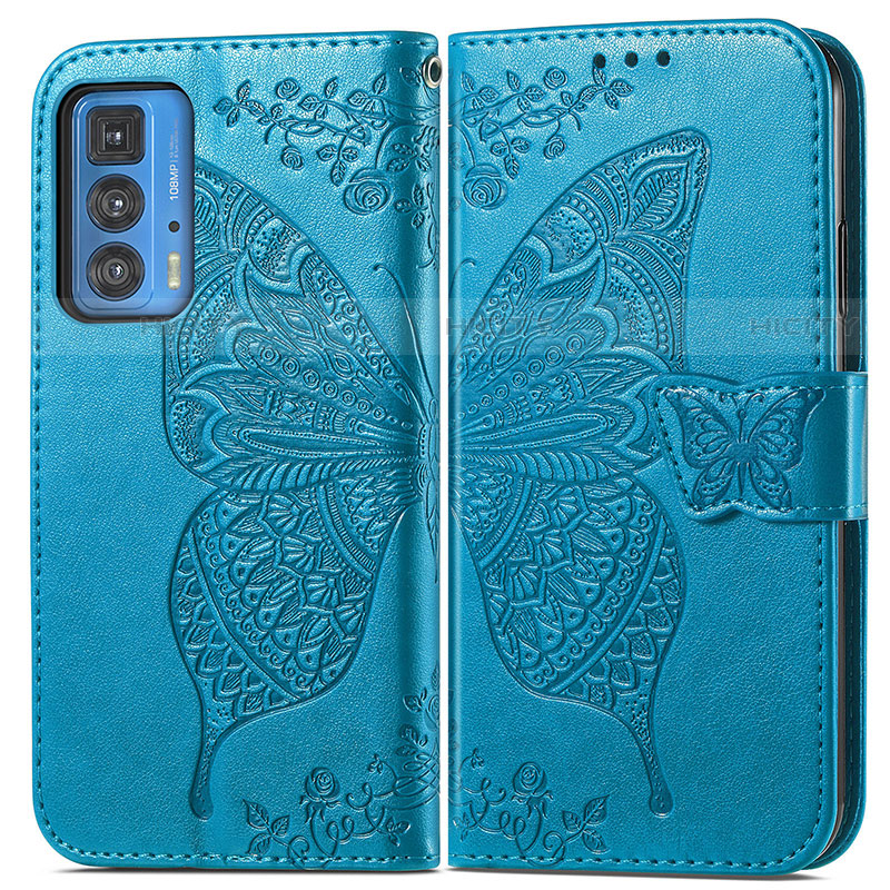 Coque Portefeuille Papillon Livre Cuir Etui Clapet pour Motorola Moto Edge 20 Pro 5G Bleu Plus