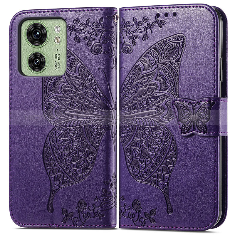 Coque Portefeuille Papillon Livre Cuir Etui Clapet pour Motorola Moto Edge (2023) 5G Violet Plus