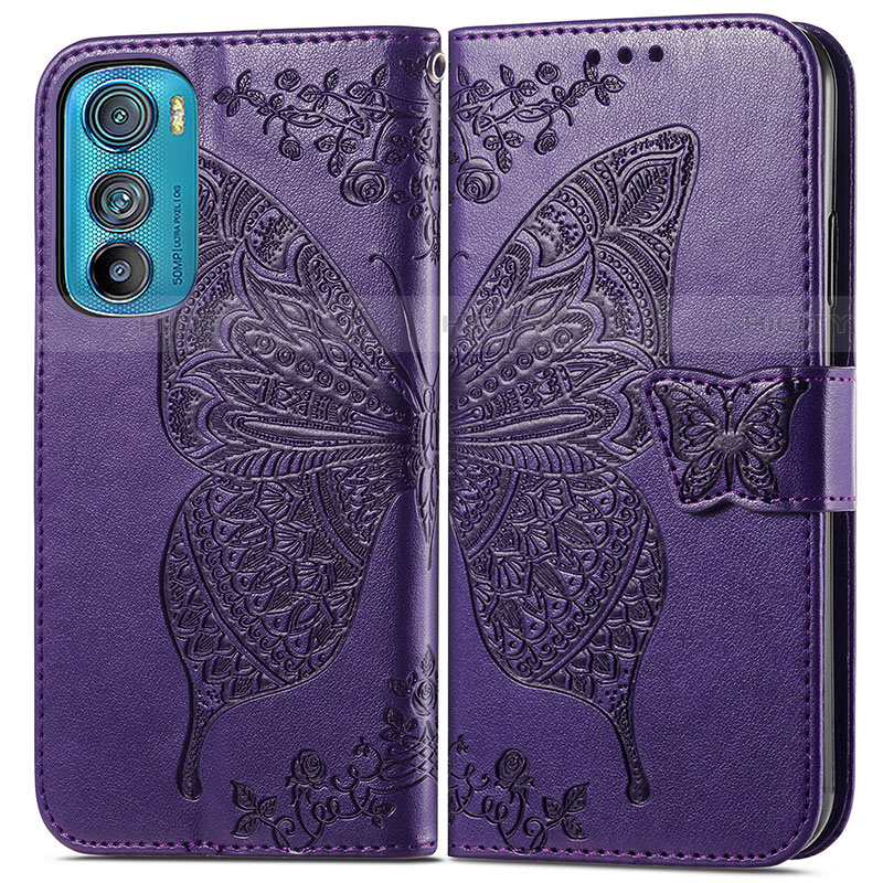 Coque Portefeuille Papillon Livre Cuir Etui Clapet pour Motorola Moto Edge 30 5G Violet Plus