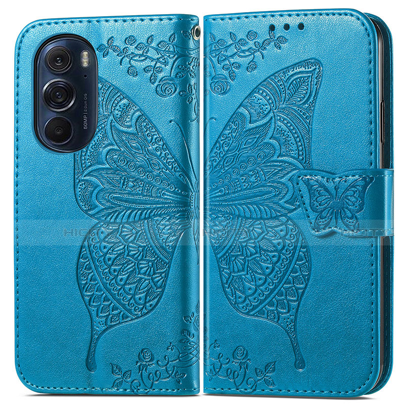 Coque Portefeuille Papillon Livre Cuir Etui Clapet pour Motorola Moto Edge 30 Pro 5G Bleu Plus