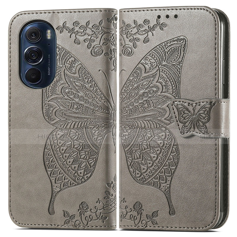 Coque Portefeuille Papillon Livre Cuir Etui Clapet pour Motorola Moto Edge 30 Pro 5G Gris Plus