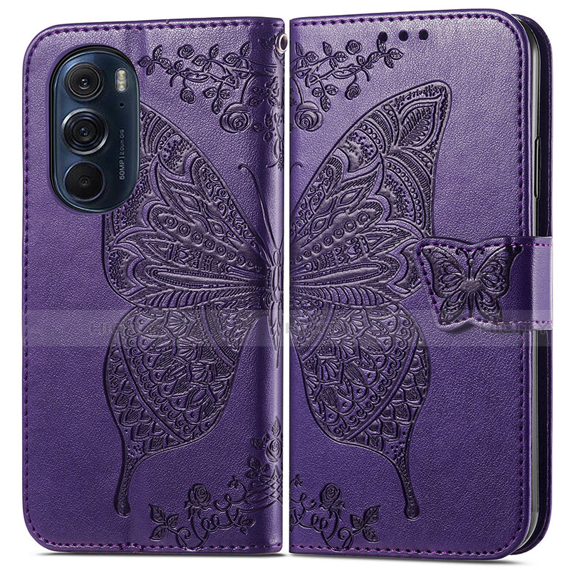 Coque Portefeuille Papillon Livre Cuir Etui Clapet pour Motorola Moto Edge 30 Pro 5G Violet Plus