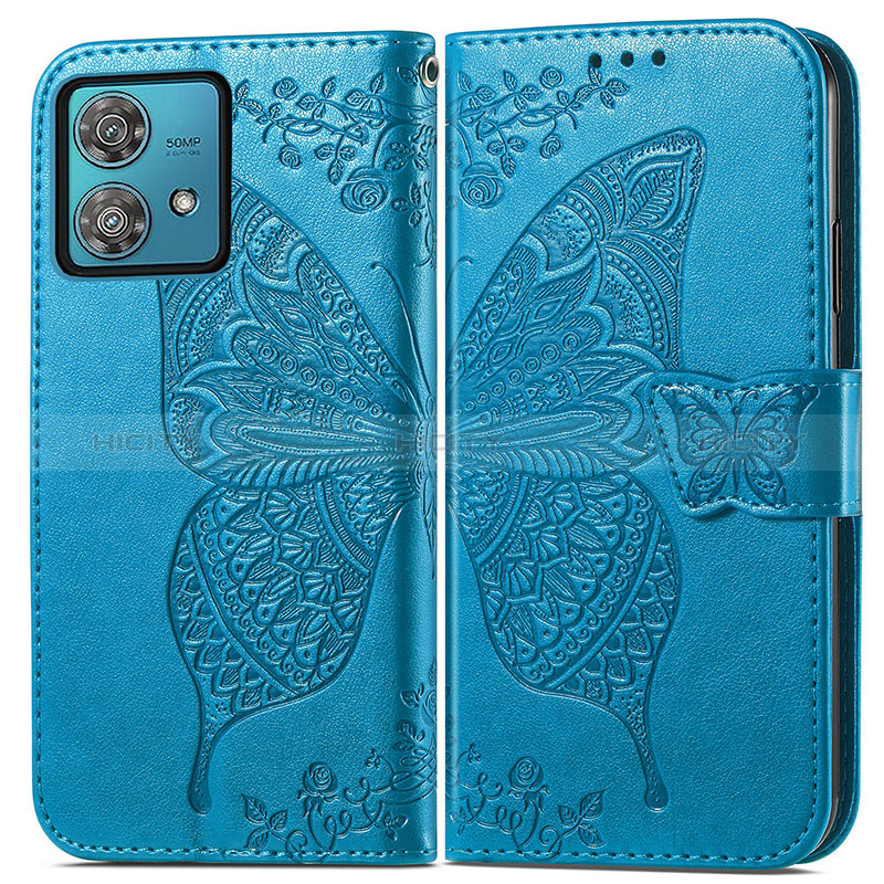 Coque Portefeuille Papillon Livre Cuir Etui Clapet pour Motorola Moto Edge 40 Neo 5G Bleu Plus