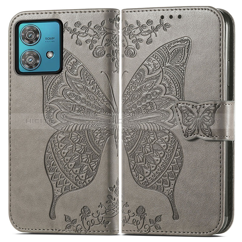 Coque Portefeuille Papillon Livre Cuir Etui Clapet pour Motorola Moto Edge 40 Neo 5G Gris Plus