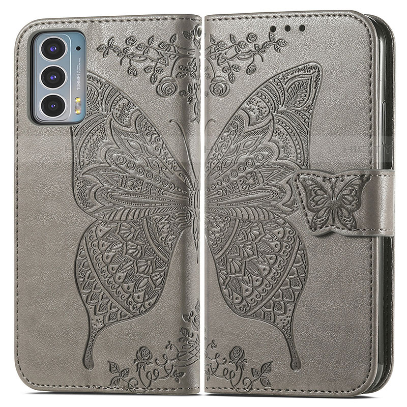 Coque Portefeuille Papillon Livre Cuir Etui Clapet pour Motorola Moto Edge Lite 5G Gris Plus