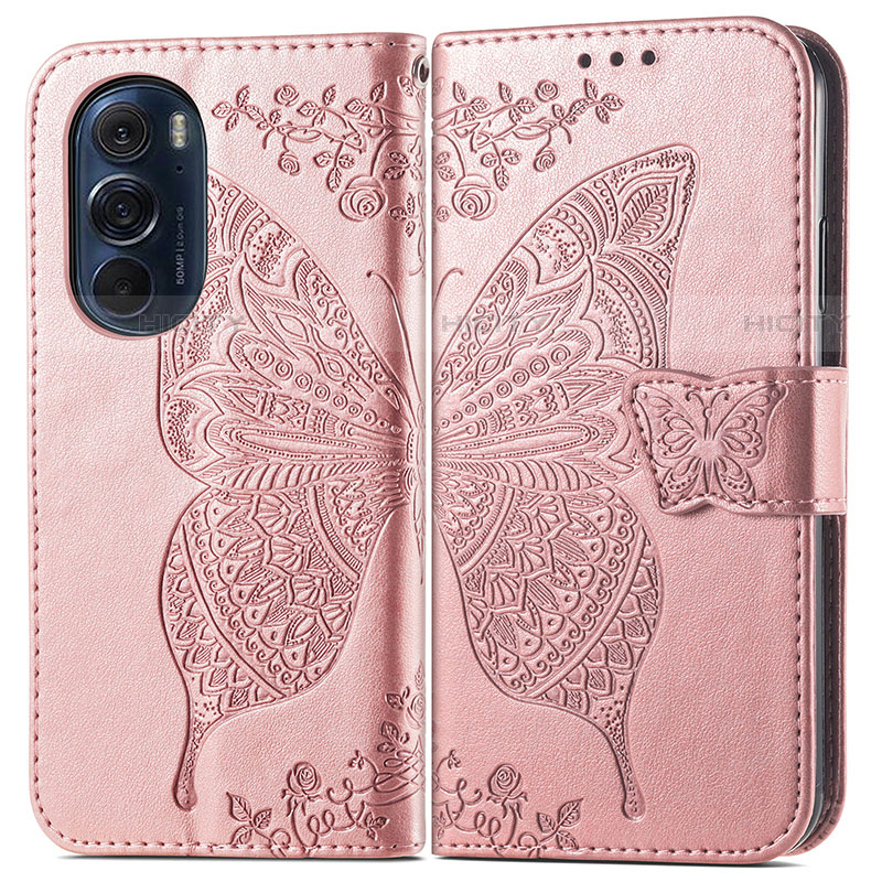 Coque Portefeuille Papillon Livre Cuir Etui Clapet pour Motorola Moto Edge X30 5G Rose Plus