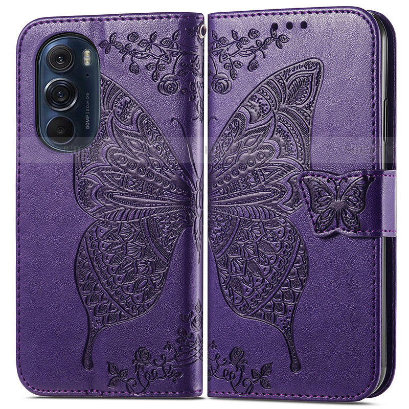 Coque Portefeuille Papillon Livre Cuir Etui Clapet pour Motorola Moto Edge X30 5G Violet Plus