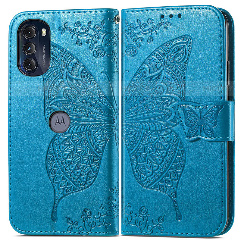 Coque Portefeuille Papillon Livre Cuir Etui Clapet pour Motorola Moto G 5G (2022) Bleu Plus