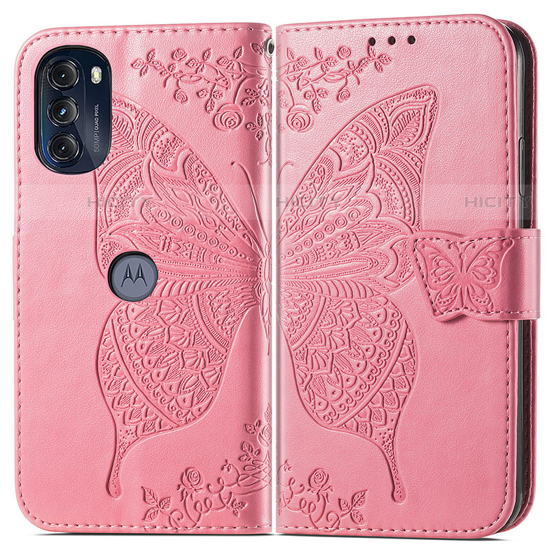 Coque Portefeuille Papillon Livre Cuir Etui Clapet pour Motorola Moto G 5G (2022) Rose Rouge Plus