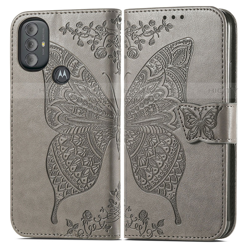 Coque Portefeuille Papillon Livre Cuir Etui Clapet pour Motorola Moto G Play (2023) Gris Plus