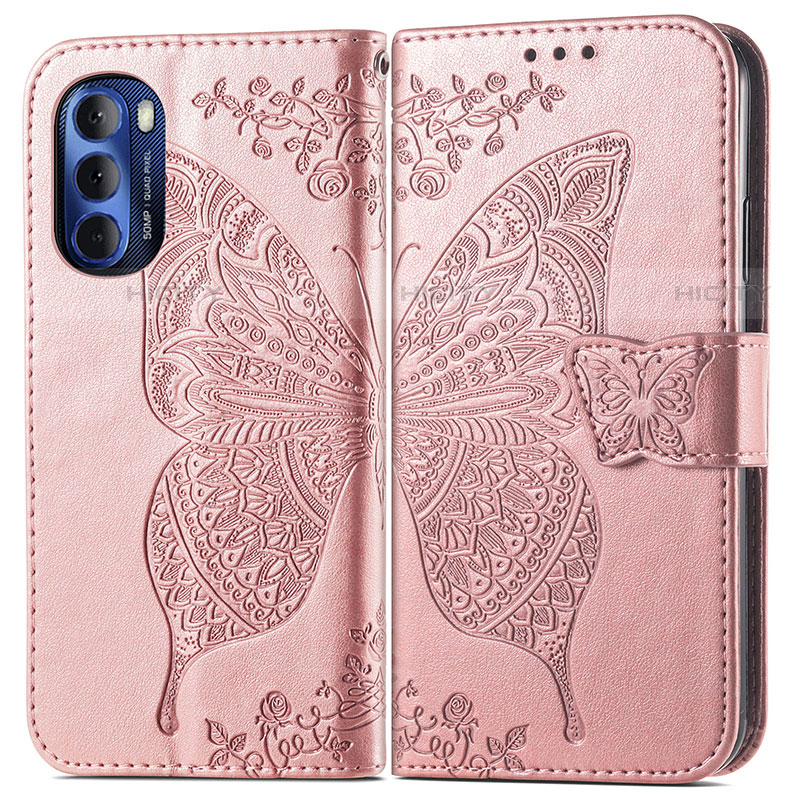 Coque Portefeuille Papillon Livre Cuir Etui Clapet pour Motorola Moto G Stylus (2022) 4G Rose Plus