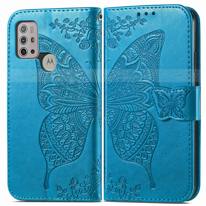 Coque Portefeuille Papillon Livre Cuir Etui Clapet pour Motorola Moto G10 Bleu Plus