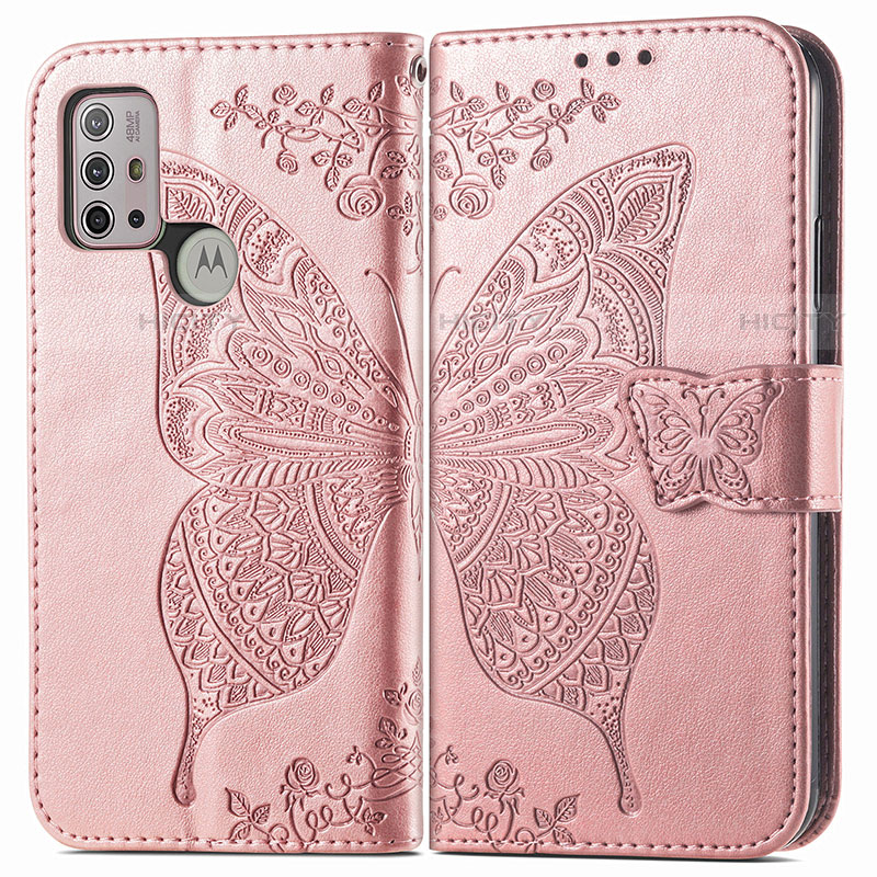 Coque Portefeuille Papillon Livre Cuir Etui Clapet pour Motorola Moto G10 Power Rose Plus