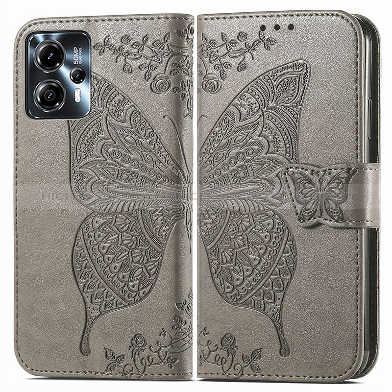 Coque Portefeuille Papillon Livre Cuir Etui Clapet pour Motorola Moto G13 Gris Plus