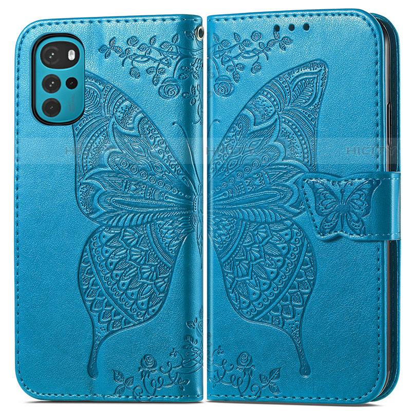 Coque Portefeuille Papillon Livre Cuir Etui Clapet pour Motorola Moto G22 Bleu Plus