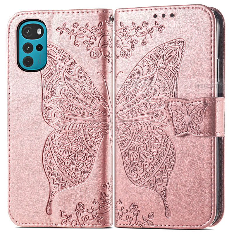 Coque Portefeuille Papillon Livre Cuir Etui Clapet pour Motorola Moto G22 Rose Plus