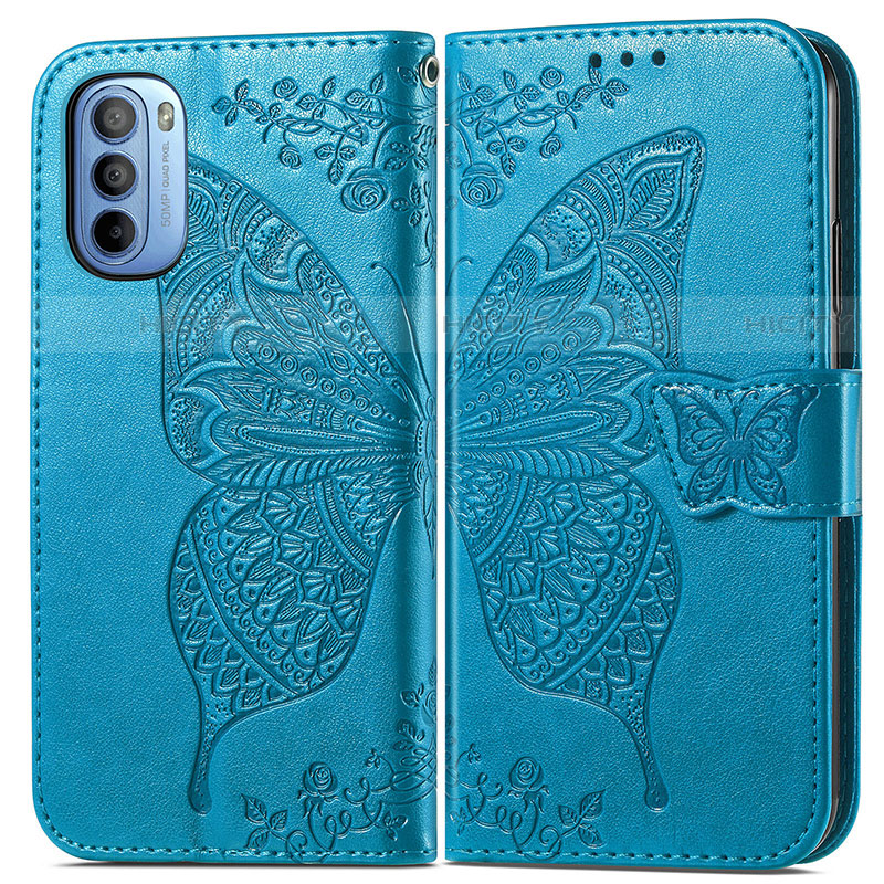 Coque Portefeuille Papillon Livre Cuir Etui Clapet pour Motorola Moto G31 Bleu Plus