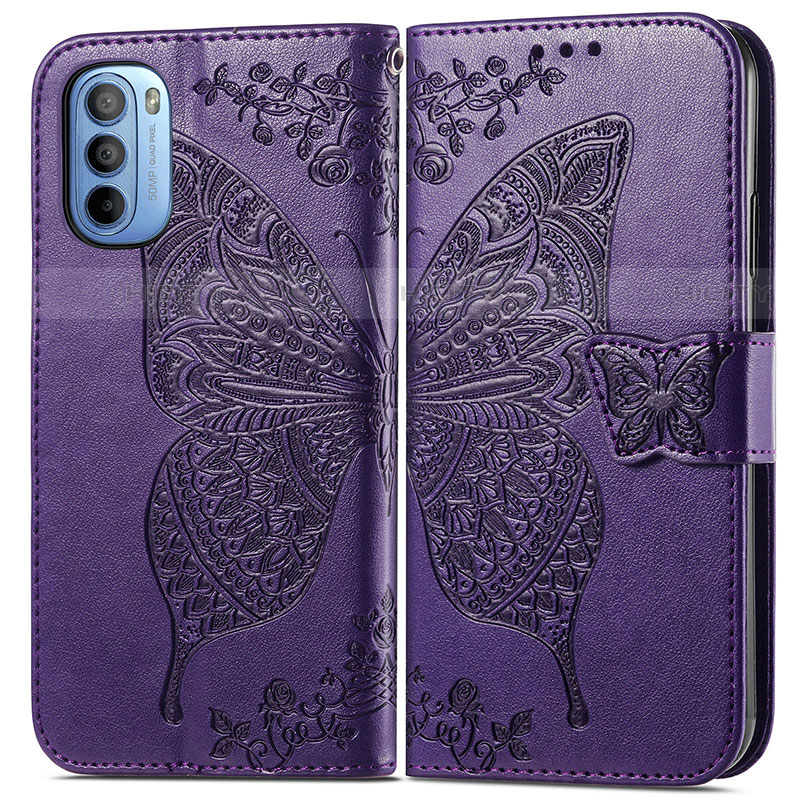 Coque Portefeuille Papillon Livre Cuir Etui Clapet pour Motorola Moto G31 Violet Plus