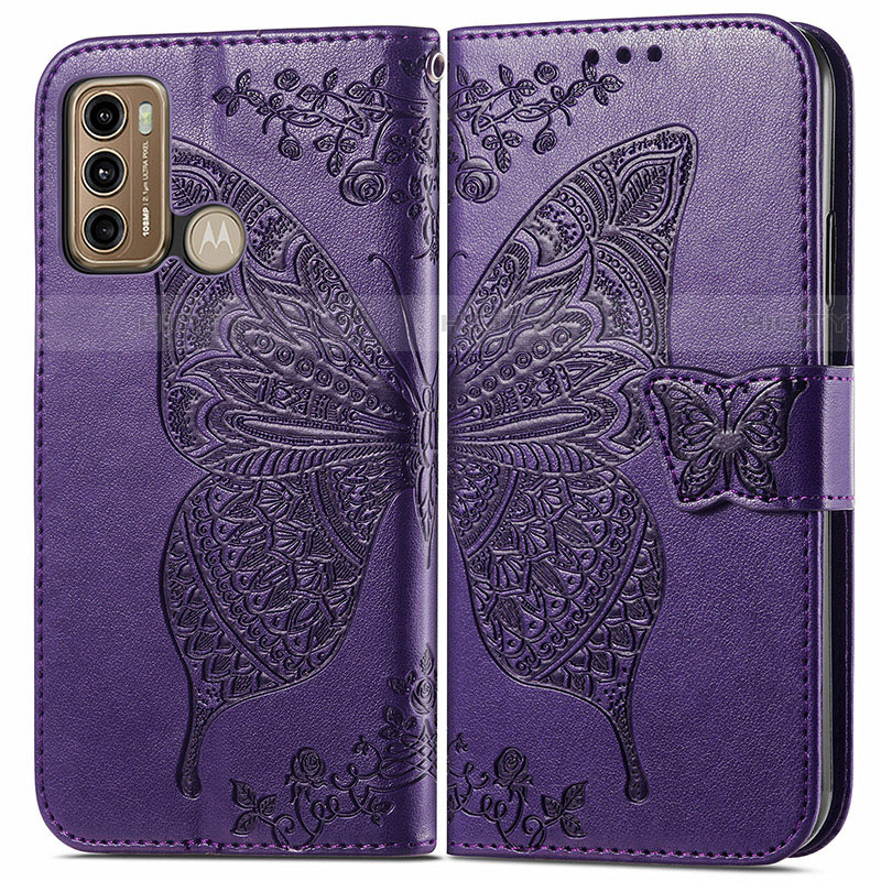 Coque Portefeuille Papillon Livre Cuir Etui Clapet pour Motorola Moto G40 Fusion Violet Plus