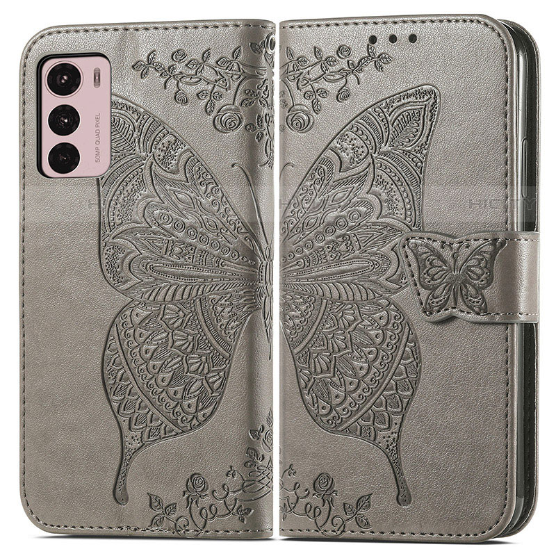 Coque Portefeuille Papillon Livre Cuir Etui Clapet pour Motorola Moto G42 Gris Plus