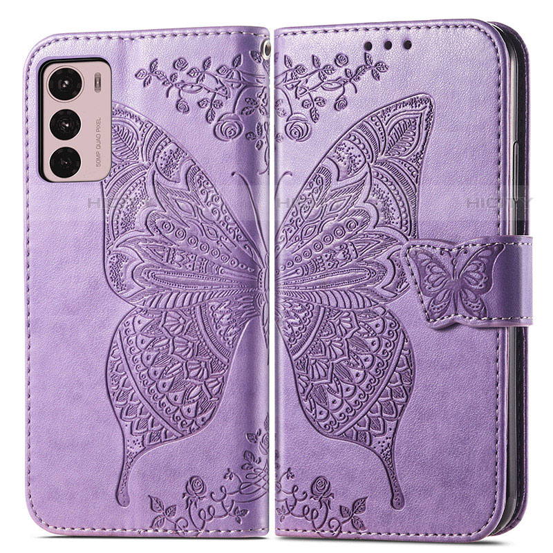 Coque Portefeuille Papillon Livre Cuir Etui Clapet pour Motorola Moto G42 Violet Clair Plus