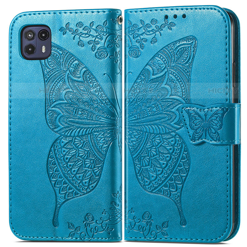 Coque Portefeuille Papillon Livre Cuir Etui Clapet pour Motorola Moto G50 5G Bleu Plus