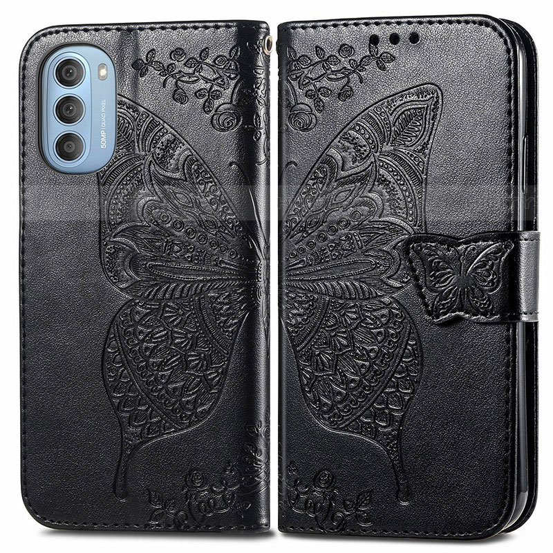 Coque Portefeuille Papillon Livre Cuir Etui Clapet pour Motorola Moto G51 5G Noir Plus