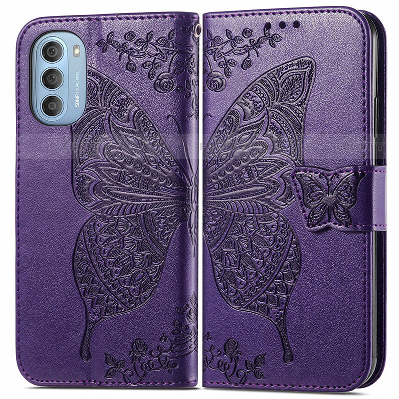 Coque Portefeuille Papillon Livre Cuir Etui Clapet pour Motorola Moto G51 5G Violet Plus