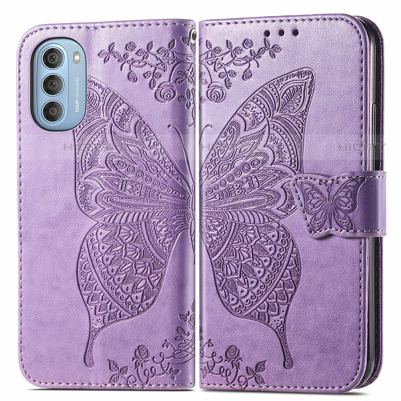 Coque Portefeuille Papillon Livre Cuir Etui Clapet pour Motorola Moto G51 5G Violet Clair Plus