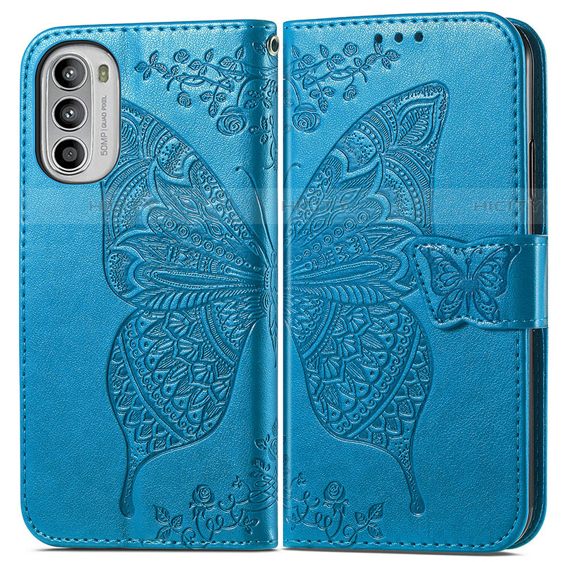 Coque Portefeuille Papillon Livre Cuir Etui Clapet pour Motorola Moto G52j 5G Bleu Plus