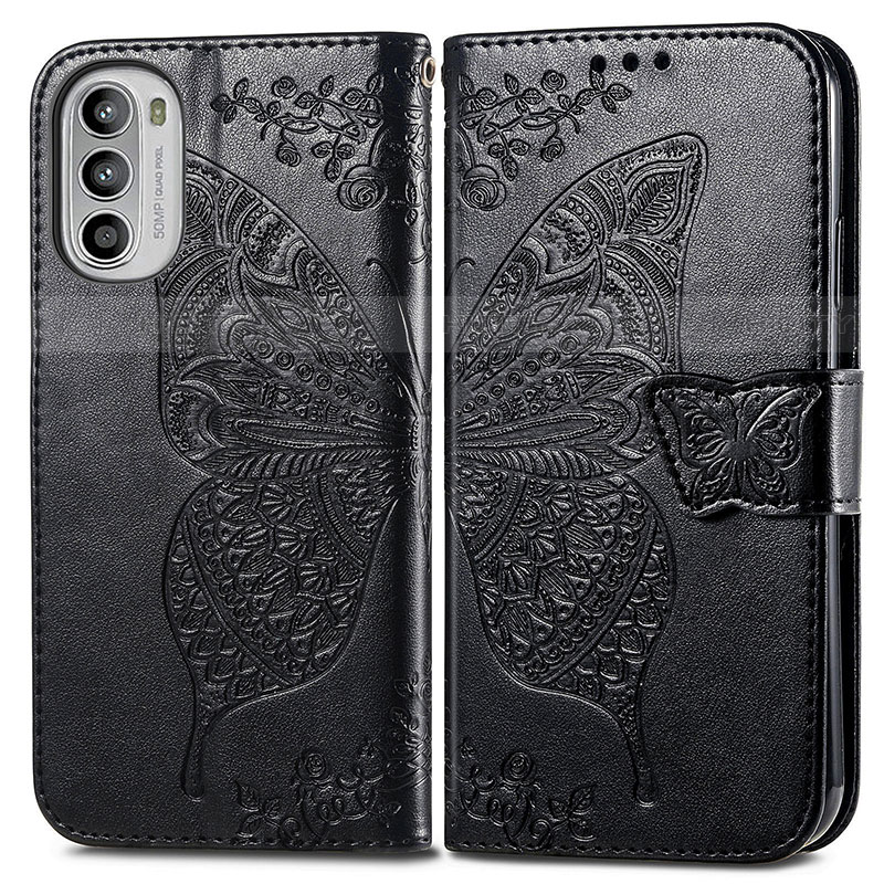 Coque Portefeuille Papillon Livre Cuir Etui Clapet pour Motorola Moto G52j 5G Noir Plus