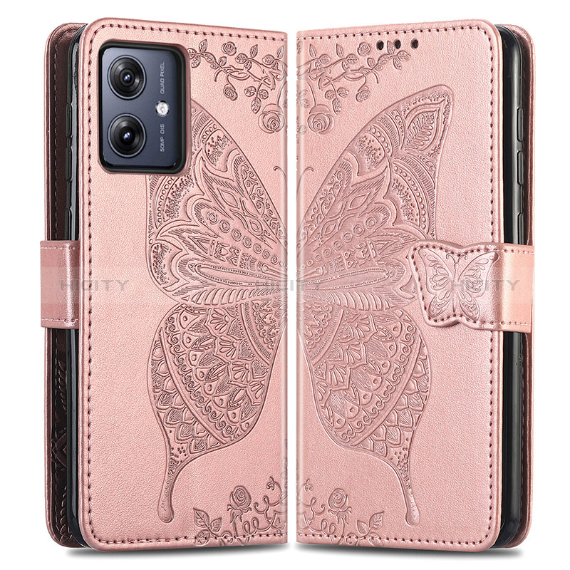 Coque Portefeuille Papillon Livre Cuir Etui Clapet pour Motorola Moto G54 5G Or Rose Plus