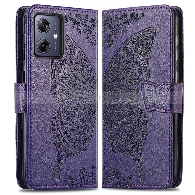 Coque Portefeuille Papillon Livre Cuir Etui Clapet pour Motorola Moto G54 5G Violet Plus