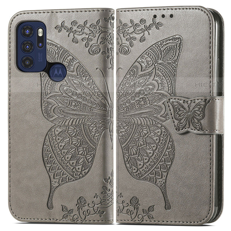 Coque Portefeuille Papillon Livre Cuir Etui Clapet pour Motorola Moto G60s Gris Plus