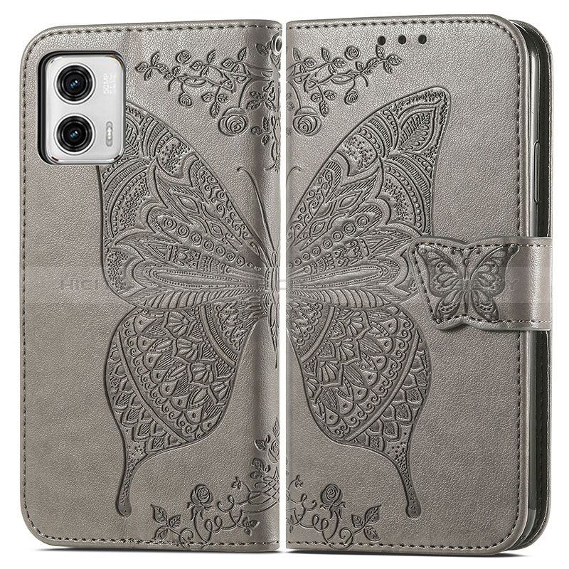 Coque Portefeuille Papillon Livre Cuir Etui Clapet pour Motorola Moto G73 5G Gris Plus