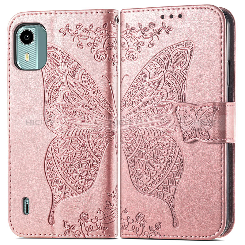 Coque Portefeuille Papillon Livre Cuir Etui Clapet pour Nokia C12 Plus Or Rose Plus