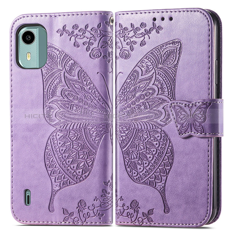 Coque Portefeuille Papillon Livre Cuir Etui Clapet pour Nokia C12 Plus Violet Clair Plus