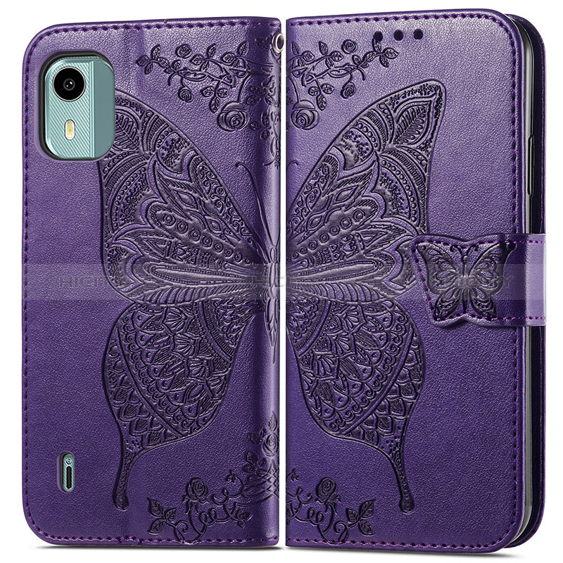 Coque Portefeuille Papillon Livre Cuir Etui Clapet pour Nokia C12 Violet Plus