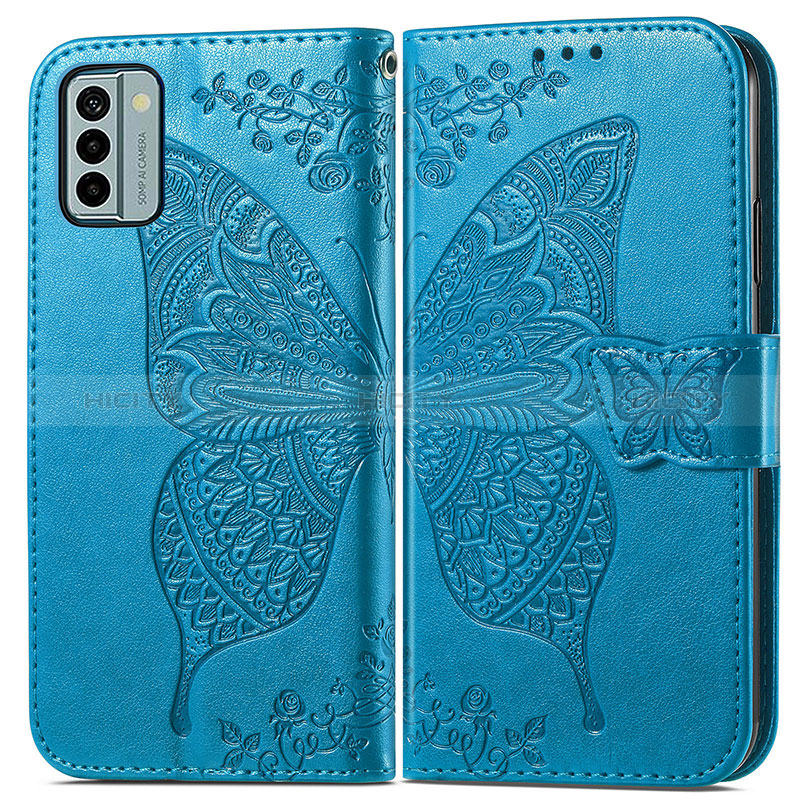 Coque Portefeuille Papillon Livre Cuir Etui Clapet pour Nokia G22 Bleu Plus