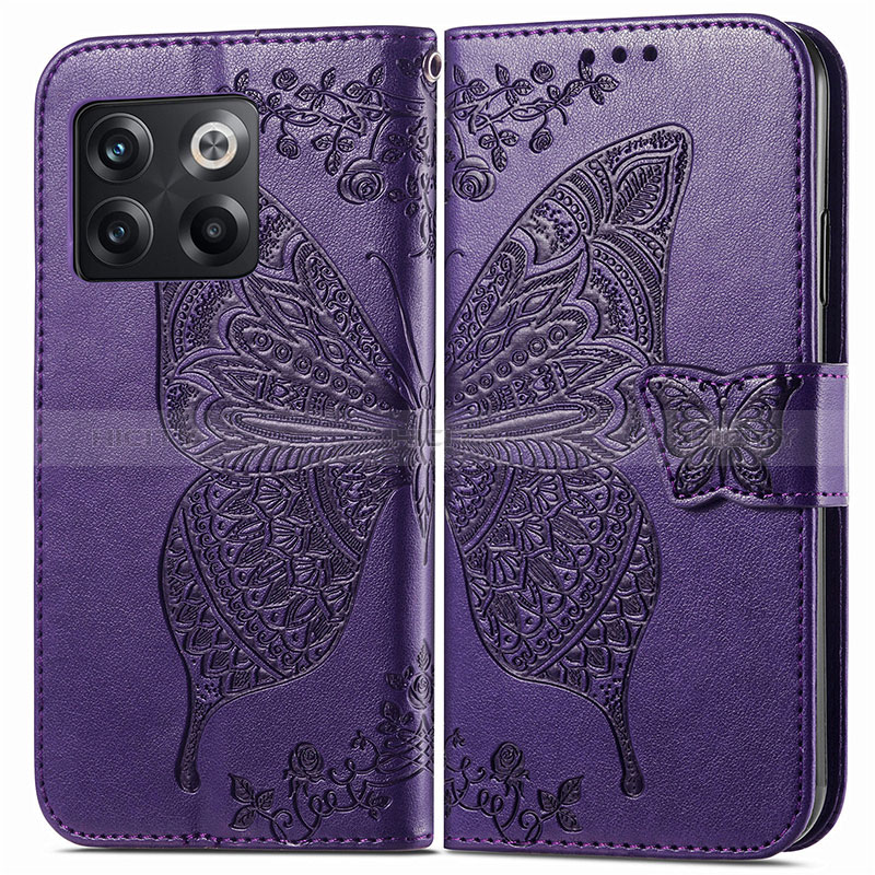 Coque Portefeuille Papillon Livre Cuir Etui Clapet pour OnePlus 10T 5G Violet Plus