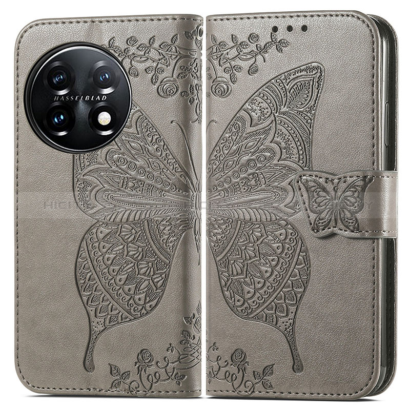 Coque Portefeuille Papillon Livre Cuir Etui Clapet pour OnePlus 11 5G Gris Plus