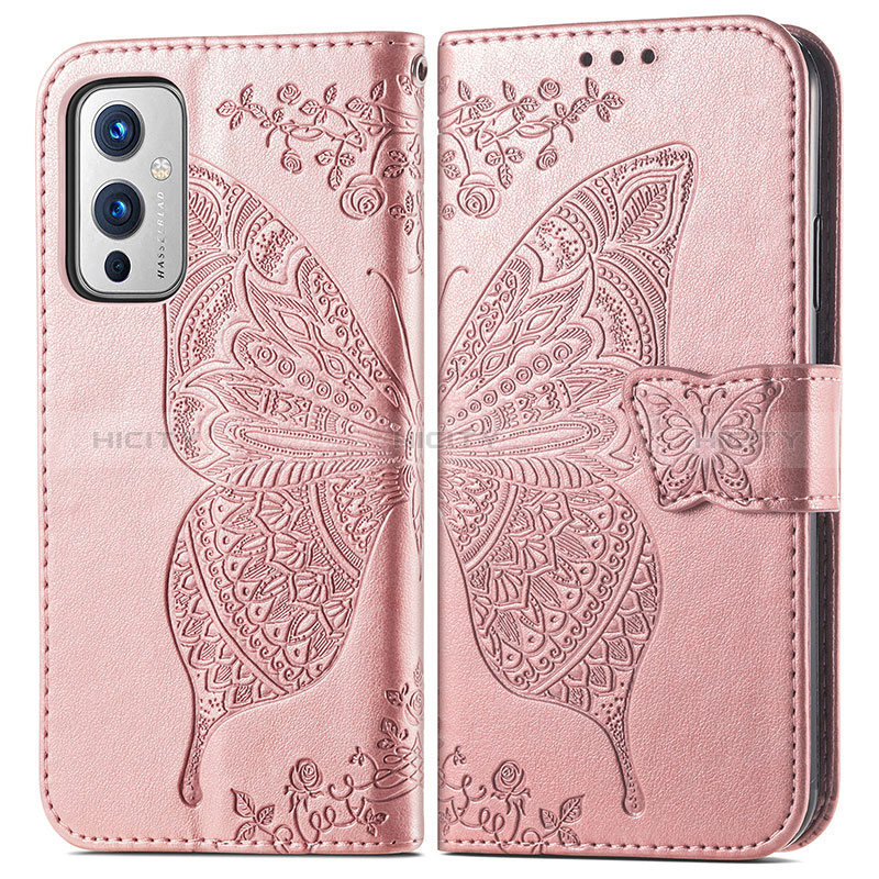 Coque Portefeuille Papillon Livre Cuir Etui Clapet pour OnePlus 9 5G Or Rose Plus