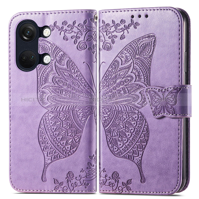 Coque Portefeuille Papillon Livre Cuir Etui Clapet pour OnePlus Ace 2V 5G Violet Clair Plus