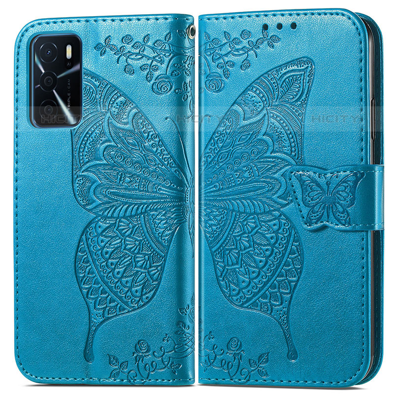 Coque Portefeuille Papillon Livre Cuir Etui Clapet pour Oppo A16s Bleu Plus