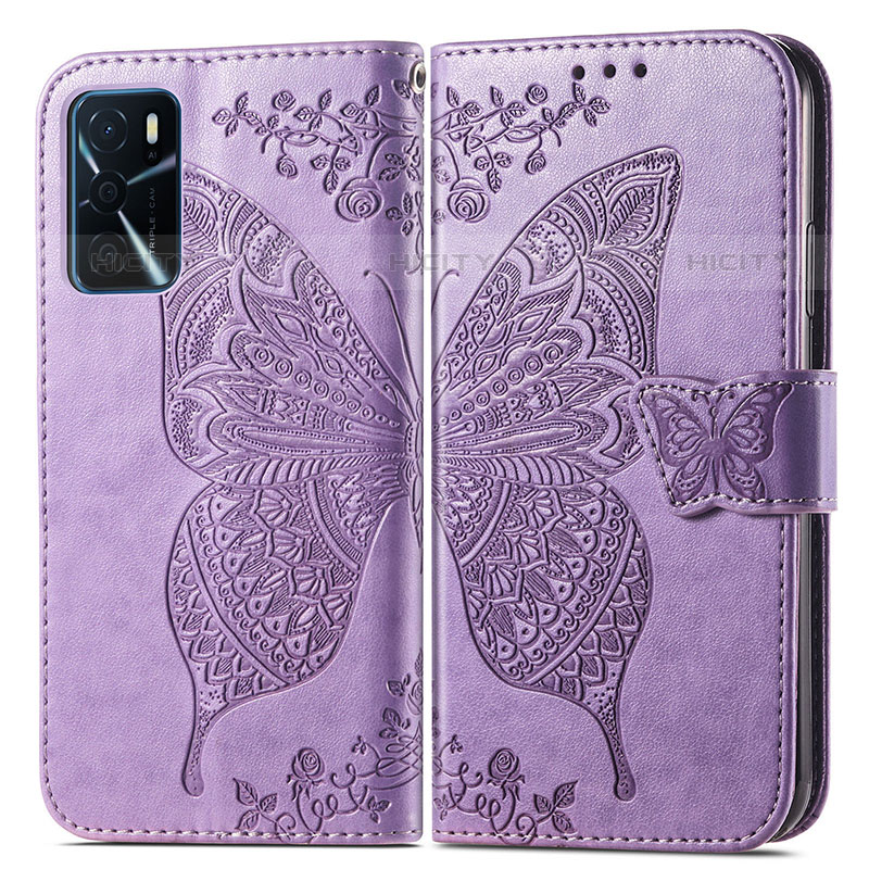 Coque Portefeuille Papillon Livre Cuir Etui Clapet pour Oppo A16s Violet Clair Plus